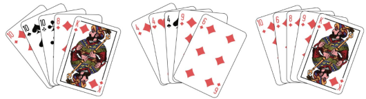 Figur 1: fem kort der tre av dem har verdi 10.
Figur 2: fem kort der tre av dem har samme verdi (verdi 4).
Figur 3: fem kort der alle har samme farge (ruter).